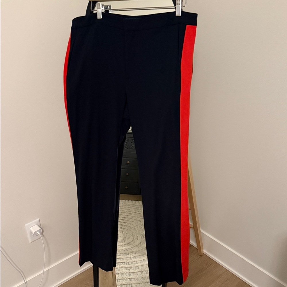 Ralph Lauren Navy Wool Pant with Orange Red Stripe “The Rachel”